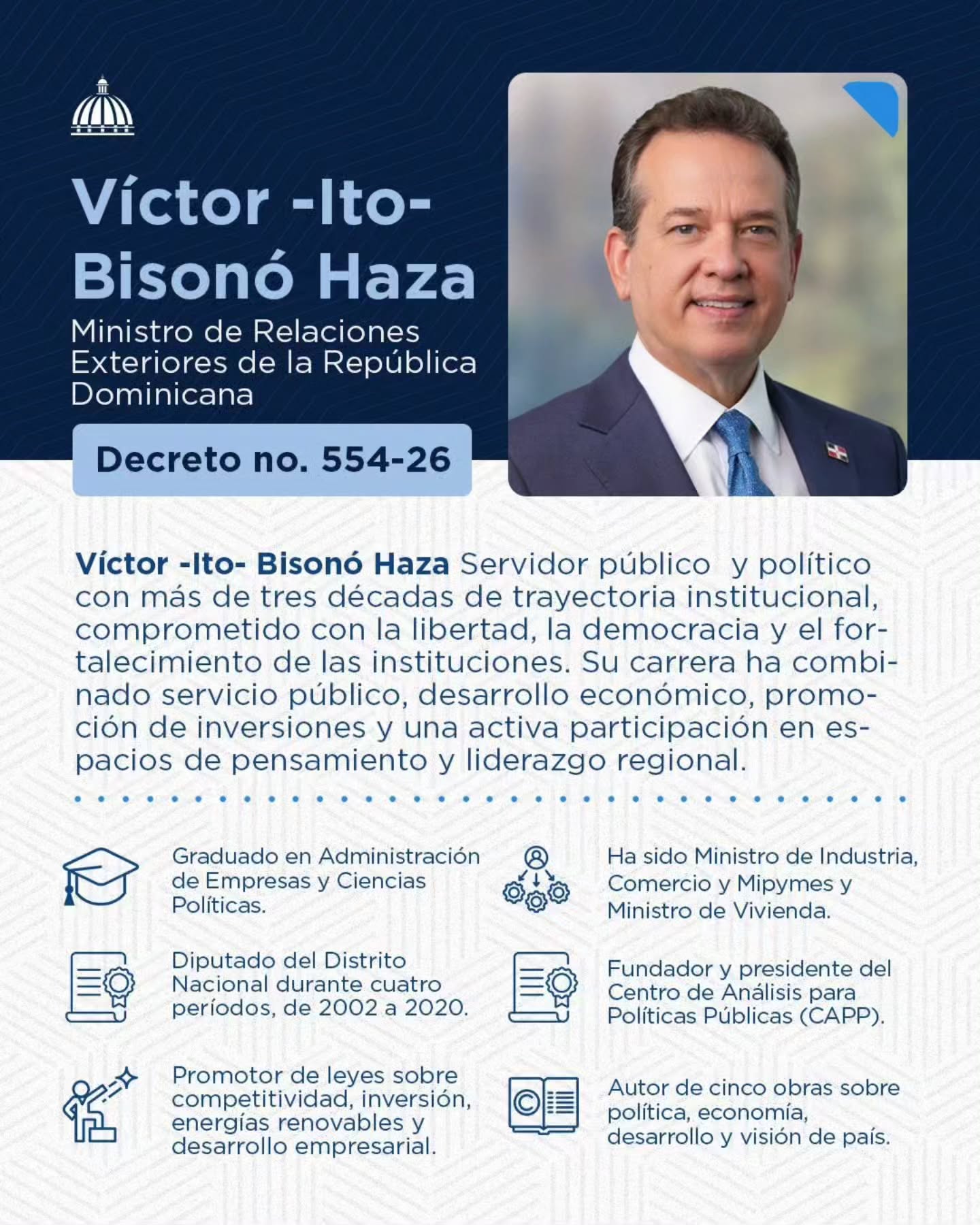 Víctor Bisonó asume como nuevo canciller de República Dominicana.